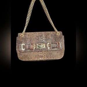Micheal Kors Hamilton Leather Snake Embossed With Gold Tone Chain Shoulder Strap